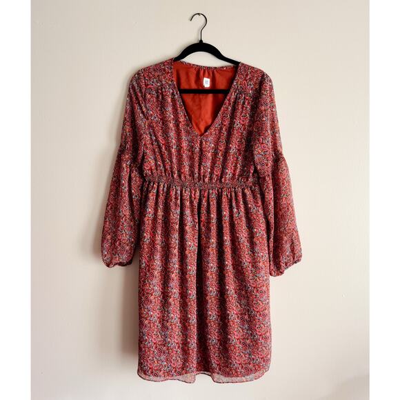 Gap Maternity Burnt Orange Paisley Print Lined Boho V Neck Long Sleeve Dress - S - Picture 1 of 9